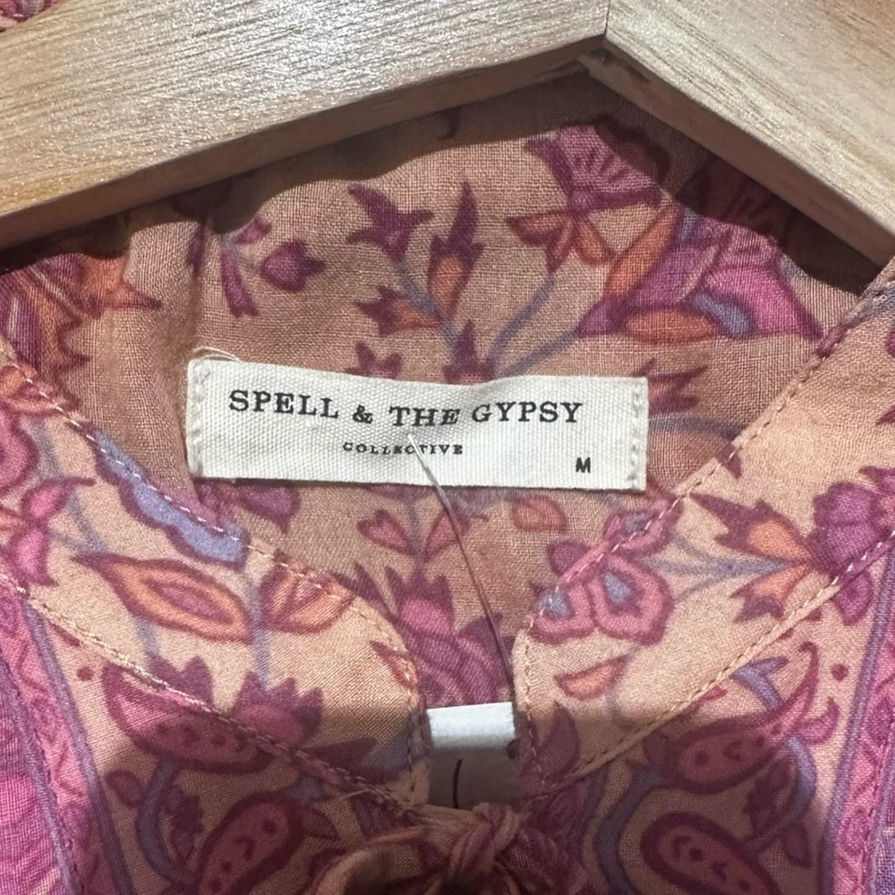 Spell & the Gypsy Folk Song Cotton Blend Blockprint Long Sleeve Tie Split Neck